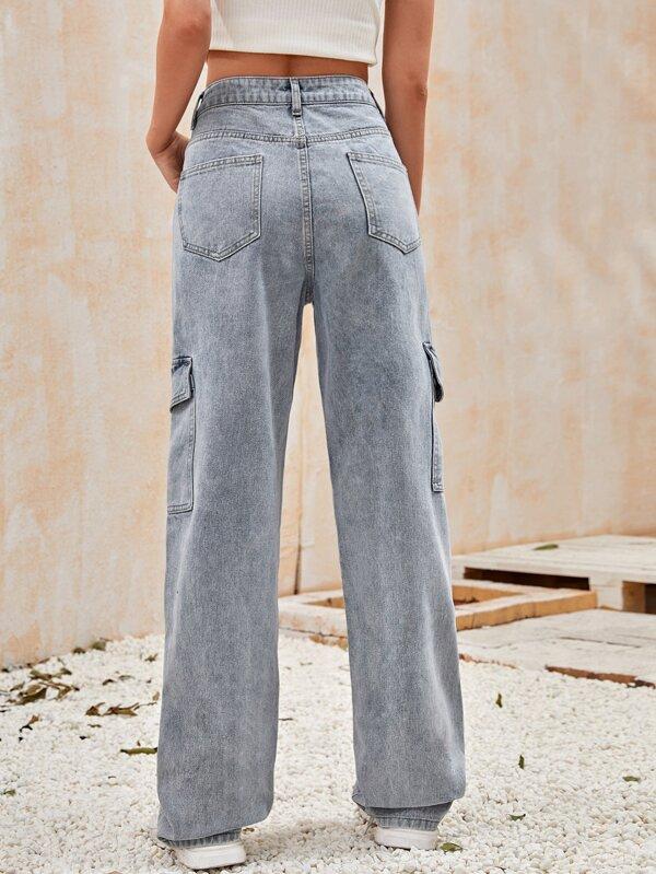 High-Waisted Patch Pocket Straight Jeans - INS | Online Fashion Free Shipping Clothing, Dresses, Tops, Shoes