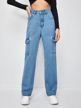 High-Waisted Patch Pocket Straight Jeans - INS | Online Fashion Free Shipping Clothing, Dresses, Tops, Shoes