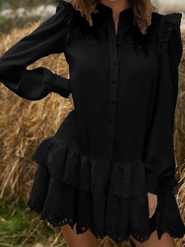 Hollow Lace Shirt Dress - Mini Dresses - INS | Online Fashion Free Shipping Clothing, Dresses, Tops, Shoes - 18/06/2021 - 30-40 - color-black