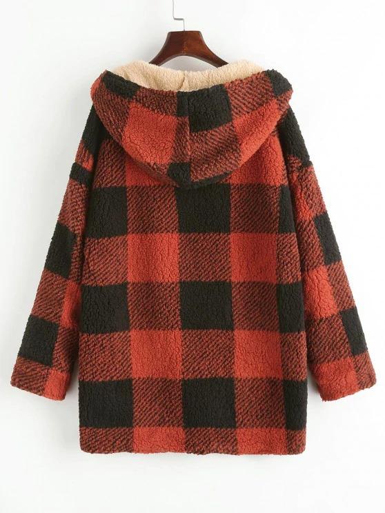 Hooded Checked Fluffy Borg Teddy Reversible Coat - INS | Online Fashion Free Shipping Clothing, Dresses, Tops, Shoes