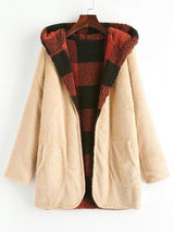 Hooded Checked Fluffy Borg Teddy Reversible Coat - INS | Online Fashion Free Shipping Clothing, Dresses, Tops, Shoes