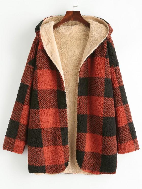Hooded Checked Fluffy Borg Teddy Reversible Coat - INS | Online Fashion Free Shipping Clothing, Dresses, Tops, Shoes