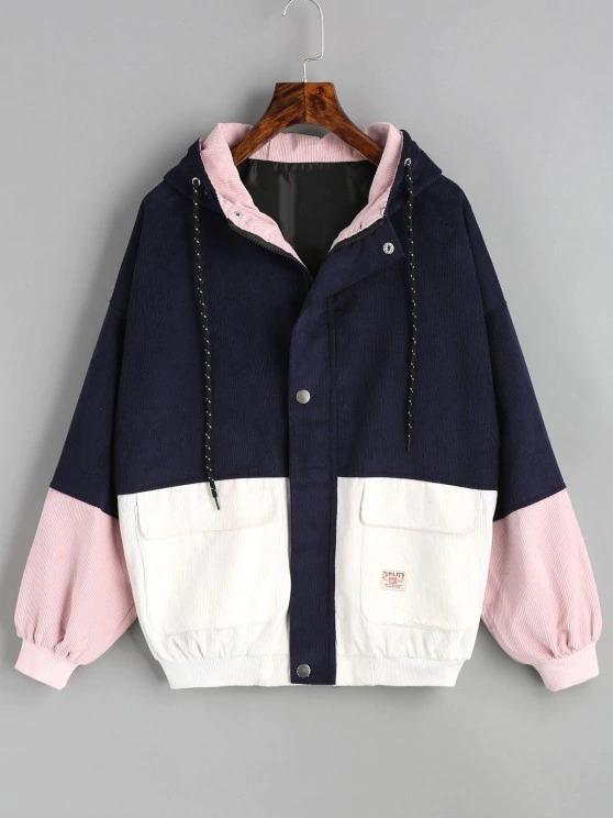 Hooded Color Block Corduroy Jacket - INS | Online Fashion Free Shipping Clothing, Dresses, Tops, Shoes