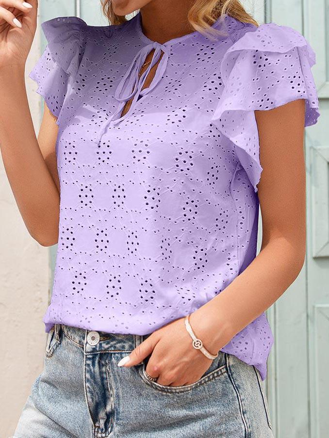 Hook Flower Cut-out Tie Neckline Ruffle Sleeve Blouse - Blouses - INS | Online Fashion Free Shipping Clothing, Dresses, Tops, Shoes - 16/04/2021 - BLO210416207 - Blouses