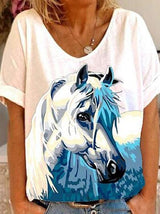 Horse Head Print Short Sleeve V-Neck T-Shirt - T-Shirts - INS | Online Fashion Free Shipping Clothing, Dresses, Tops, Shoes - 20-30 - 21/06/2021 - Category_T-Shirts