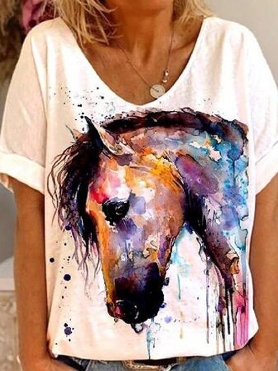 Horse Head Print Short Sleeve V-Neck T-Shirt - T-Shirts - INS | Online Fashion Free Shipping Clothing, Dresses, Tops, Shoes - 20-30 - 21/06/2021 - Category_T-Shirts
