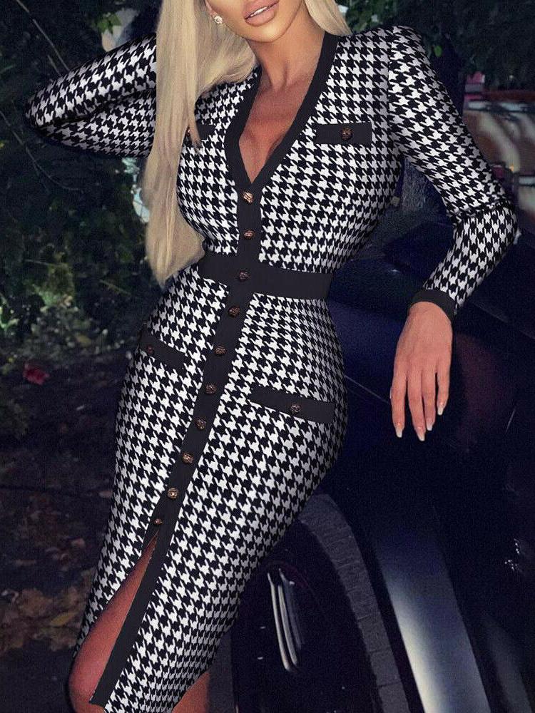 Houndstooth/Rhombus Print Long-sleeved V-neck Button Bodycon Dress - Midi Dresses - INS | Online Fashion Free Shipping Clothing, Dresses, Tops, Shoes - 12/07/2021 - 30-40 - color-black