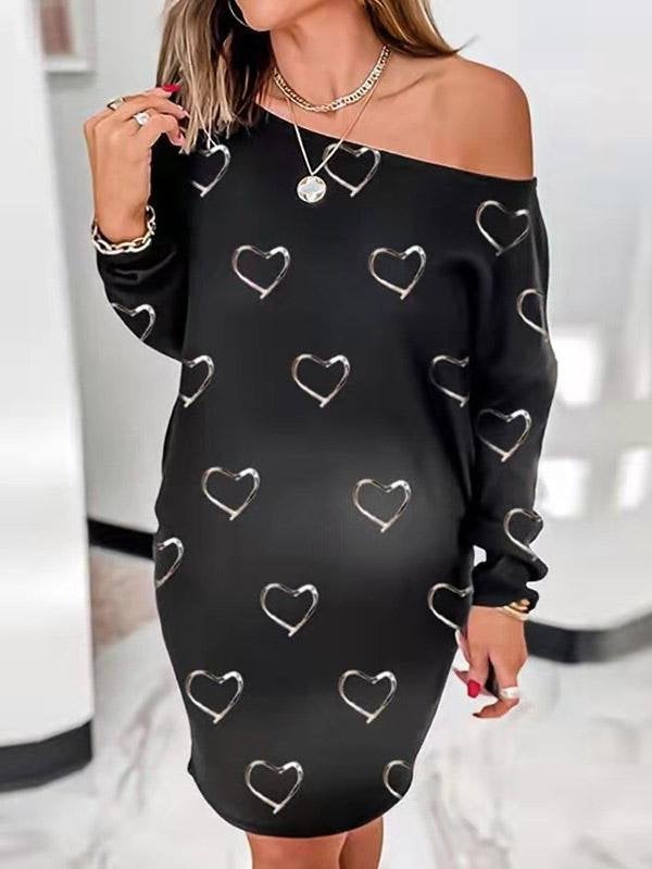 INS Women's Heart Print Round Neck Long Sleeve Dress - Mini Dresses - INS | Online Fashion Free Shipping Clothing, Dresses, Tops, Shoes - 04/08/2021 - 10-20 - Category_Mini Dresses