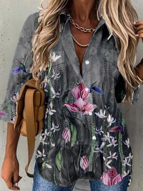 INS Women's Long Sleeve Floral Print Lapel Blouses - Blouses - INS | Online Fashion Free Shipping Clothing, Dresses, Tops, Shoes - 02/08/2021 - 20-30 - BLO2108031291