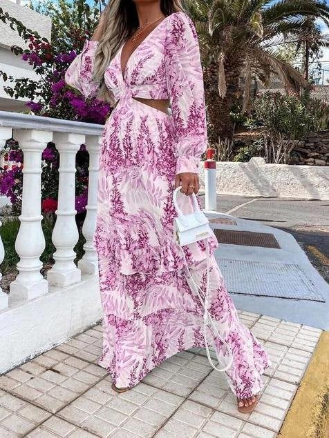 INS Women's Long Sleeve Printed Hollow Ruffled Dress - Maxi Dresses - INS | Online Fashion Free Shipping Clothing, Dresses, Tops, Shoes - 02/08/2021 - 30-40 - Category_Maxi Dresses