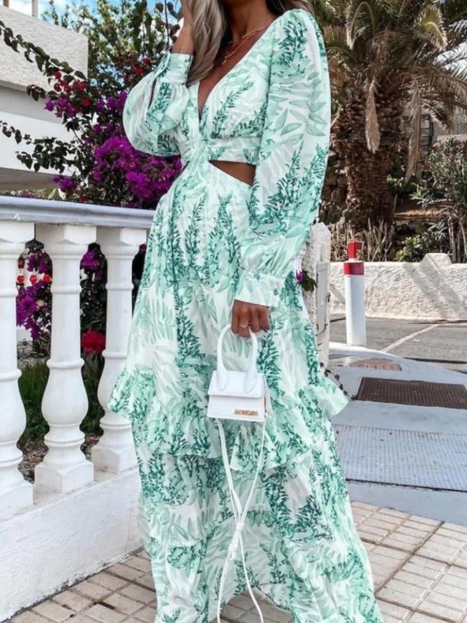 INS Women's Long Sleeve Printed Hollow Ruffled Dress - Maxi Dresses - INS | Online Fashion Free Shipping Clothing, Dresses, Tops, Shoes - 02/08/2021 - 30-40 - Category_Maxi Dresses