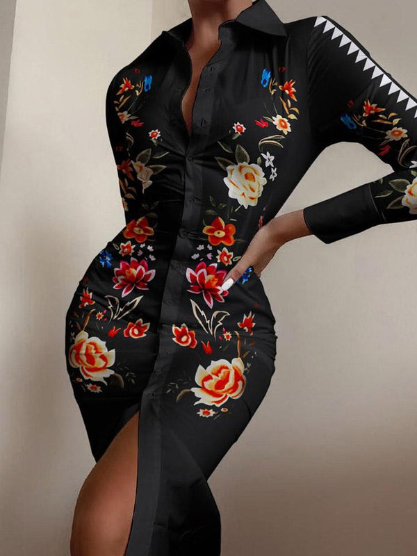 INS Women's Long Sleeve V-Neck Printed Shirt Dress - Midi Dresses - INS | Online Fashion Free Shipping Clothing, Dresses, Tops, Shoes - 02/08/2021 - 20-30 - Category_Midi Dresses