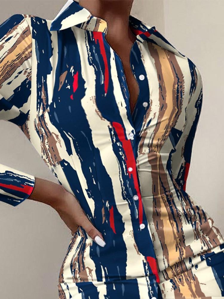 INS Women's Long Sleeve V-Neck Printed Shirt Dress - Midi Dresses - INS | Online Fashion Free Shipping Clothing, Dresses, Tops, Shoes - 02/08/2021 - 20-30 - Category_Midi Dresses
