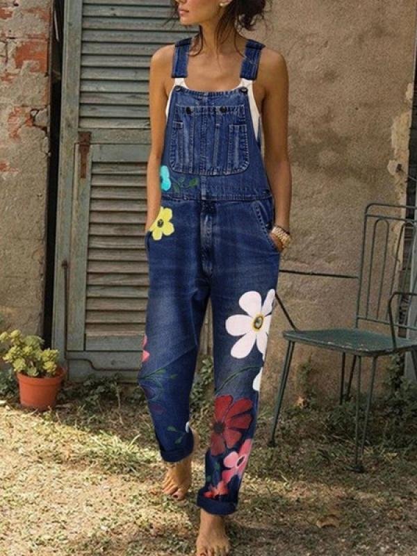 INS Women's Printed Sling Pockets Denim Jumpsuit - Jumpsuits & Rompers - INS | Online Fashion Free Shipping Clothing, Dresses, Tops, Shoes - 06/08/2021 - 40-50 - Bottom