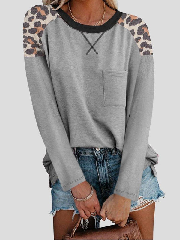 INS Women's Round Neck Leopard Print Stitching Pocket Long Sleeve T-Shirt - T-Shirts - INS | Online Fashion Free Shipping Clothing, Dresses, Tops, Shoes - 04/08/2021 - 20-30 - Category_T-Shirts
