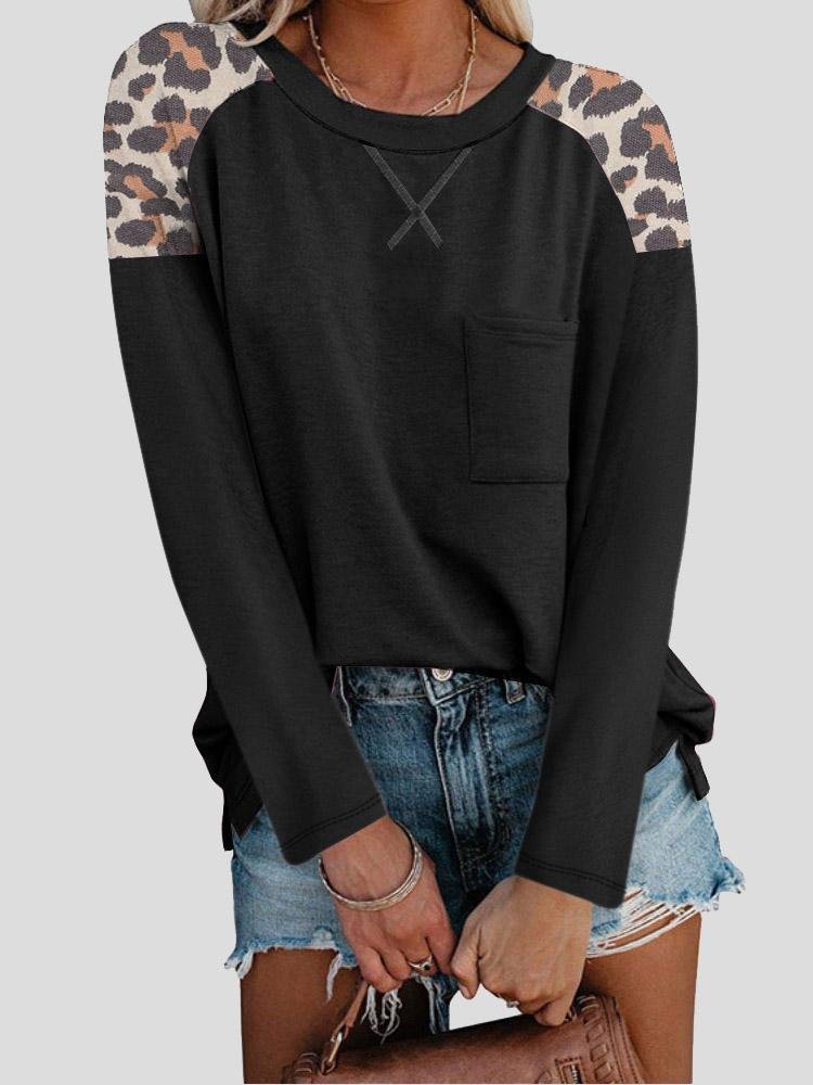 INS Women's Round Neck Leopard Print Stitching Pocket Long Sleeve T-Shirt - T-Shirts - INS | Online Fashion Free Shipping Clothing, Dresses, Tops, Shoes - 04/08/2021 - 20-30 - Category_T-Shirts