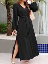 INS Women's Solid V-Neck Long Sleeve Split Dress - Maxi Dresses - INS | Online Fashion Free Shipping Clothing, Dresses, Tops, Shoes - 04/08/2021 - 30-40 - Category_Maxi Dresses