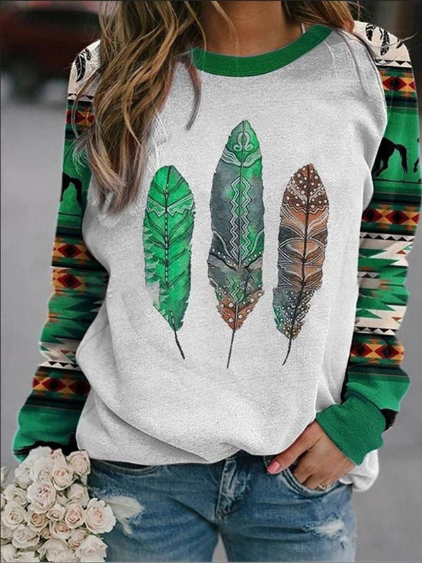 INS Women's Totem Leaf Print Long Sleeve T-Shirts - T-Shirts - INS | Online Fashion Free Shipping Clothing, Dresses, Tops, Shoes - 03/08/2021 - 20-30 - Category_T-Shirts