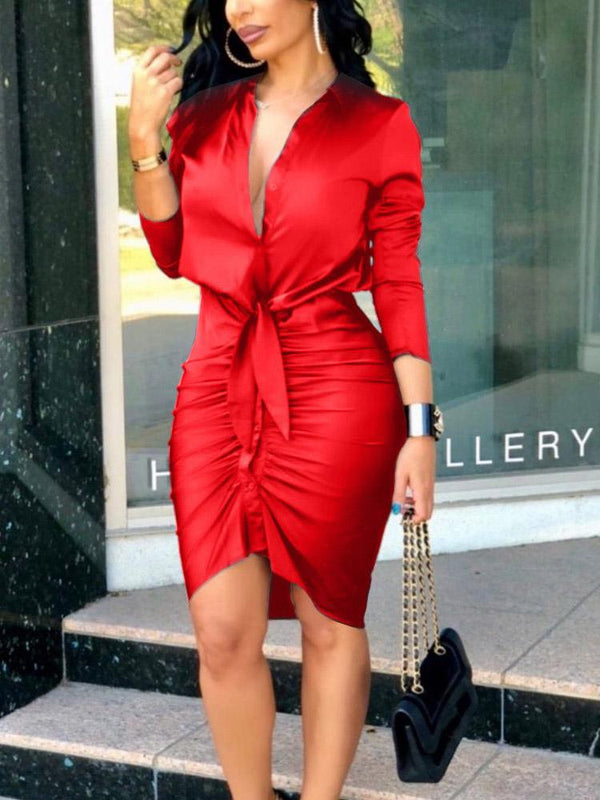 INS Women's V-Neck Tie Long Sleeve Solid Shirt Dress - Midi Dresses - INS | Online Fashion Free Shipping Clothing, Dresses, Tops, Shoes - 02/08/2021 - 20-30 - Category_Midi Dresses