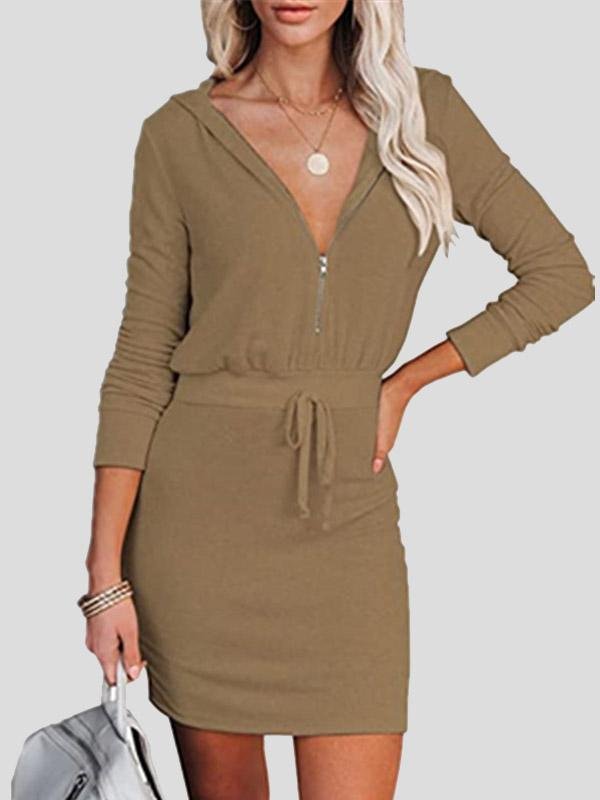 INS Women's Zip Long Sleeve Hooded Tunic Dress - Mini Dresses - INS | Online Fashion Free Shipping Clothing, Dresses, Tops, Shoes - 04/08/2021 - 20-30 - Category_Mini Dresses