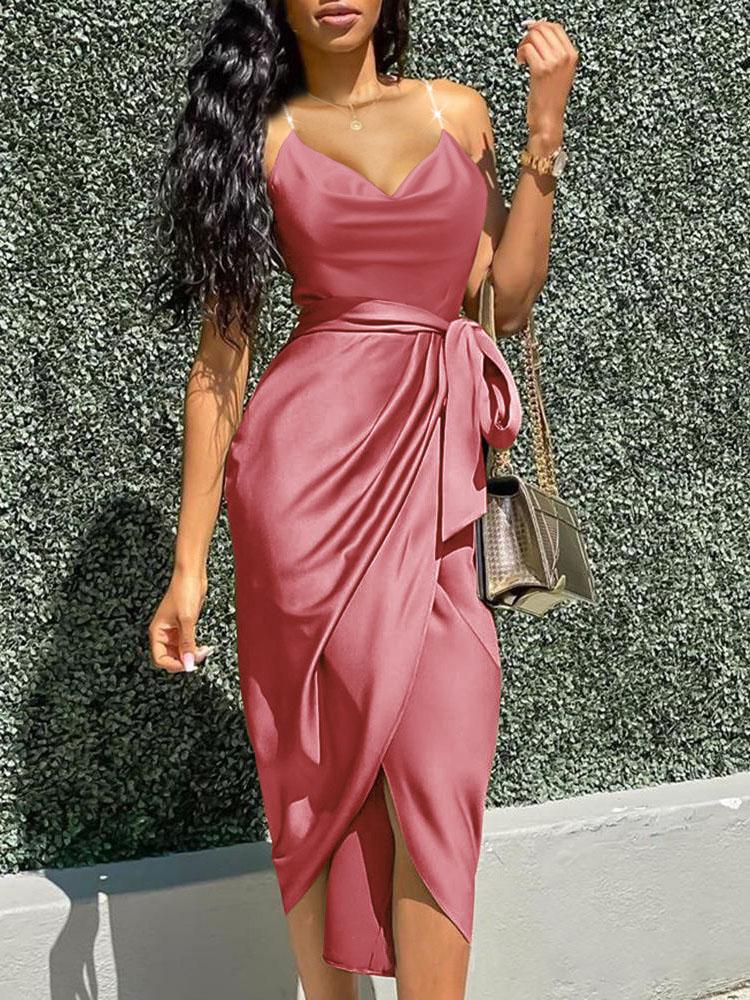 Irregular Solid V-neck Strappy Dress - Midi Dresses - INS | Online Fashion Free Shipping Clothing, Dresses, Tops, Shoes - 23/07/2021 - 30-40 - color-blue