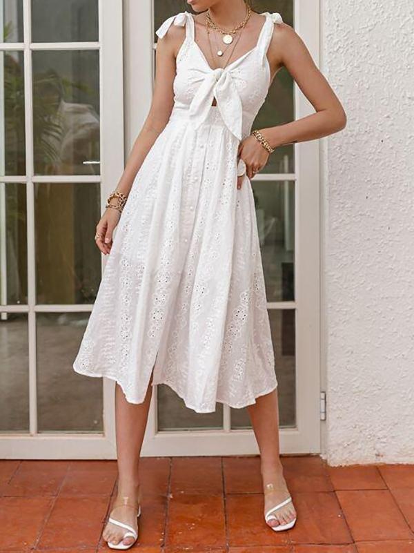 Knot Straps Tie Front Eyelet Embroidery Cami Dress - Dresses - INS | Online Fashion Free Shipping Clothing, Dresses, Tops, Shoes - 01/30/2021 - Casual Dresses - Color_White