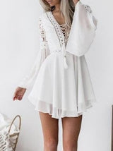 Lace Hollow V-Neck Flared Long Sleeve Chiffon Dress - Mini Dresses - INS | Online Fashion Free Shipping Clothing, Dresses, Tops, Shoes - 11/06/2021 - Category_Mini Dresses - Color_Black