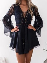 Lace Hollow V-Neck Flared Long Sleeve Chiffon Dress - Mini Dresses - INS | Online Fashion Free Shipping Clothing, Dresses, Tops, Shoes - 11/06/2021 - Category_Mini Dresses - Color_Black