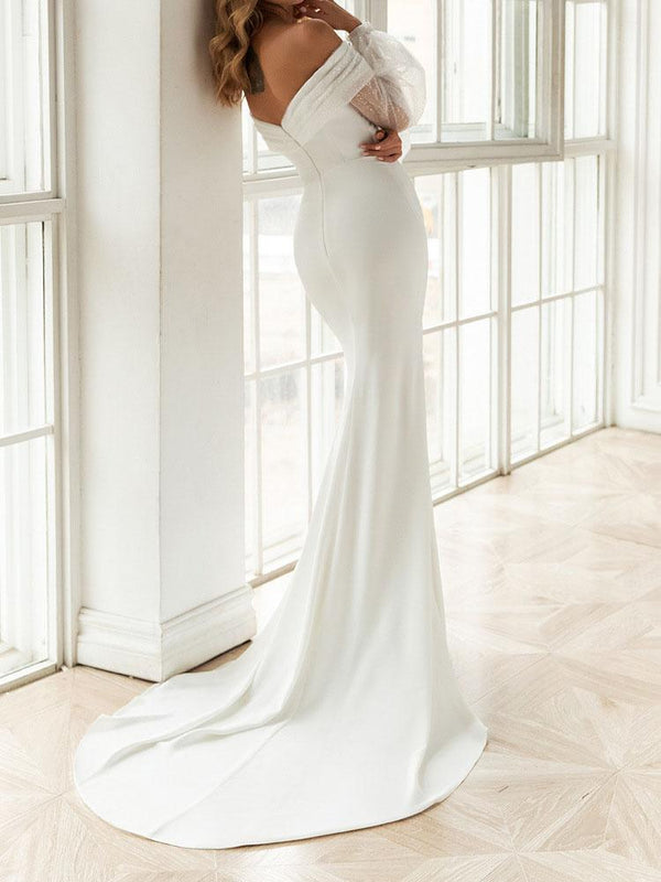 Lace Long-sleeved One-shoulder Evening Gown Wedding Dress - Maxi Dresses - INS | Online Fashion Free Shipping Clothing, Dresses, Tops, Shoes - 26/07/2021 - 40-50 - color-white