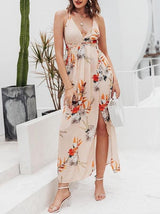 Lace Up Backless Pleated Wrap Hem Floral Dress - Dresses - INS | Online Fashion Free Shipping Clothing, Dresses, Tops, Shoes - 01/29/2021 - Apricot - Beach