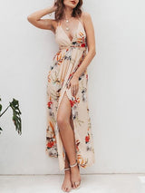 Lace Up Backless Pleated Wrap Hem Floral Dress - Dresses - INS | Online Fashion Free Shipping Clothing, Dresses, Tops, Shoes - 01/29/2021 - Apricot - Beach