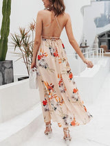 Lace Up Backless Pleated Wrap Hem Floral Dress - Dresses - INS | Online Fashion Free Shipping Clothing, Dresses, Tops, Shoes - 01/29/2021 - Apricot - Beach