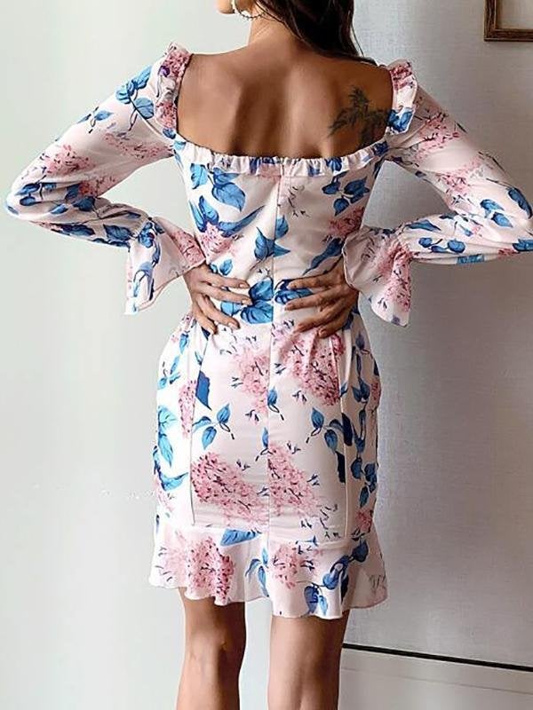 Lace Up Drawstring Knot Ruffle Hem Floral Dress - Dresses - INS | Online Fashion Free Shipping Clothing, Dresses, Tops, Shoes - 01/30/2021 - Bodycon Dresses - Color_Pink