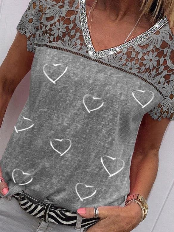 Lace V Neck Heart Print Short-sleeved T-shirt - T-shirt - INS | Online Fashion Free Shipping Clothing, Dresses, Tops, Shoes - 31/05/2021 - Color_Gray - LXQ