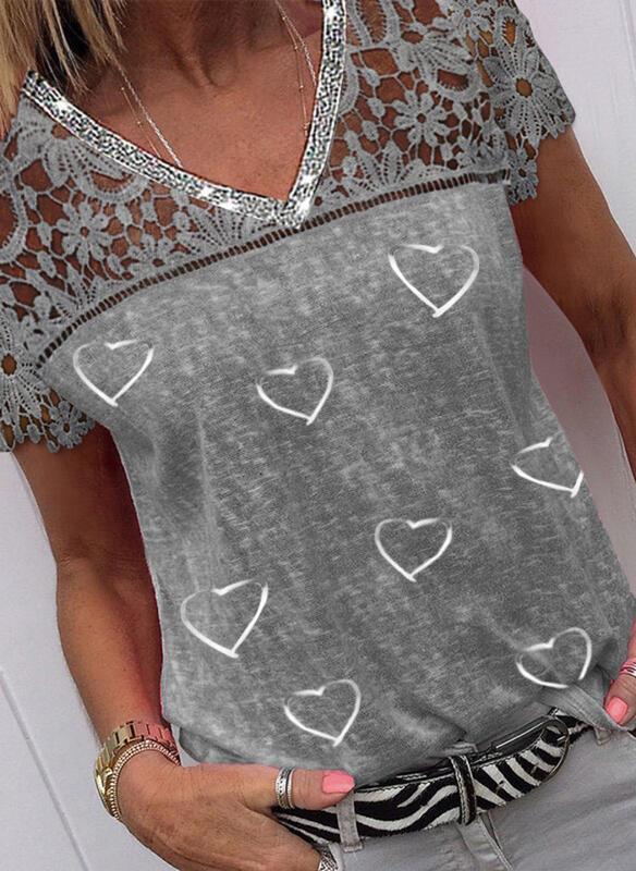 Lace V Neck Heart Print Short-sleeved T-shirt - T-shirt - INS | Online Fashion Free Shipping Clothing, Dresses, Tops, Shoes - 31/05/2021 - Color_Gray - LXQ