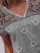 Lace V Neck Heart Print Short-sleeved T-shirt - T-shirt - INS | Online Fashion Free Shipping Clothing, Dresses, Tops, Shoes - 31/05/2021 - Color_Gray - LXQ