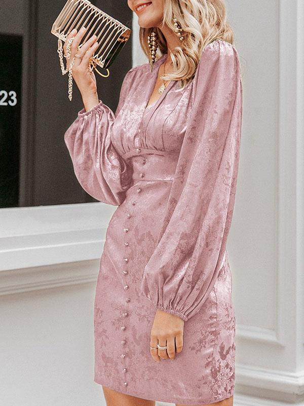 Lantern Sleeve Button Front Jacquard Satin Dress - Dresses - INS | Online Fashion Free Shipping Clothing, Dresses, Tops, Shoes - 01/27/2021 - Color_Green - Color_Pink