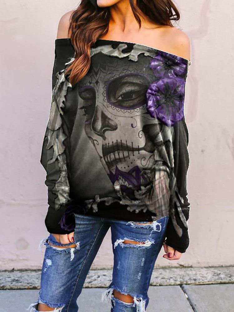 Large Round Neck Long Sleeve Printed One-Shoulder Casual T-Shirt - T-Shirts - INS | Online Fashion Free Shipping Clothing, Dresses, Tops, Shoes - 10-20 - 17/07/2021 - Category_T-Shirts