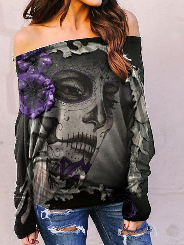 Large Round Neck Long Sleeve Printed One-Shoulder Casual T-Shirt - T-Shirts - INS | Online Fashion Free Shipping Clothing, Dresses, Tops, Shoes - 10-20 - 17/07/2021 - Category_T-Shirts