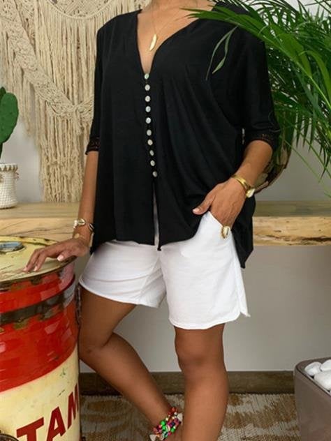 Large Size V-neck Button Mid-sleeve Shirt - Blouses - INS | Online Fashion Free Shipping Clothing, Dresses, Tops, Shoes - 04/06/2021 - Blouses - Color_Black