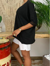 Large Size V-neck Button Mid-sleeve Shirt - Blouses - INS | Online Fashion Free Shipping Clothing, Dresses, Tops, Shoes - 04/06/2021 - Blouses - Color_Black