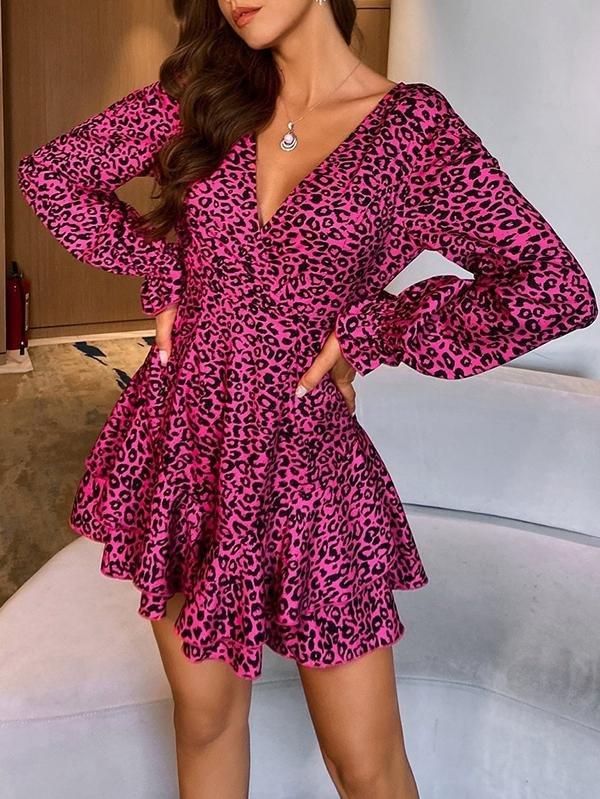 Layered Ruffle Hem Leopard Dress - Dresses - INS | Online Fashion Free Shipping Clothing, Dresses, Tops, Shoes - 01/28/2021 - Apricot - Blue