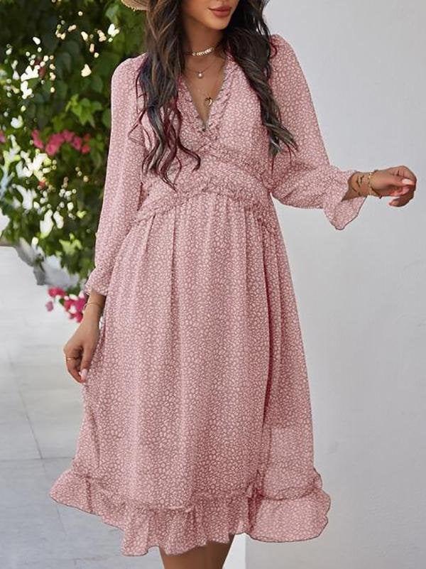 Leopard Frill Trimed A-line Dress - Dresses - INS | Online Fashion Free Shipping Clothing, Dresses, Tops, Shoes - 01/28/2021 - Beach - Color_Pink