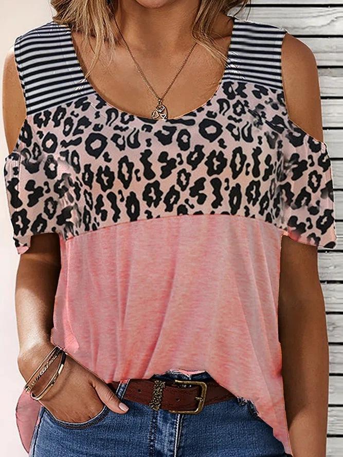 Leopard Patch Striped Short Sleeve T-shirt - T-Shirts - INS | Online Fashion Free Shipping Clothing, Dresses, Tops, Shoes - 15/06/2021 - Category_Tops - Color_Pink