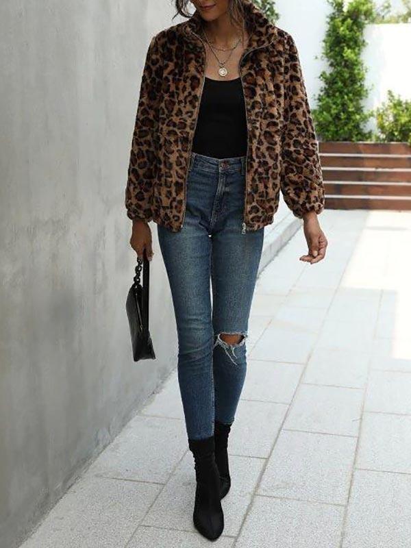 Leopard Pocket Fluffy Zip Up Jacket - Jackets - INS | Online Fashion Free Shipping Clothing, Dresses, Tops, Shoes - 02/05/2021 - Casual - Deep Coffee