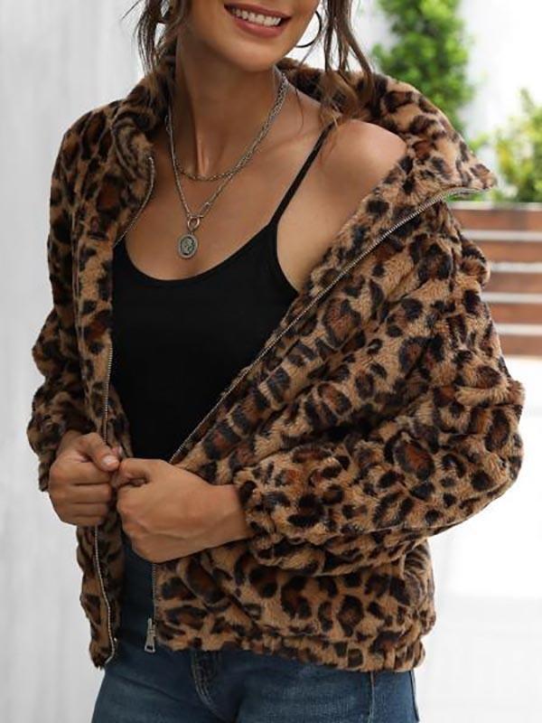 Leopard Pocket Fluffy Zip Up Jacket - Jackets - INS | Online Fashion Free Shipping Clothing, Dresses, Tops, Shoes - 02/05/2021 - Casual - Deep Coffee