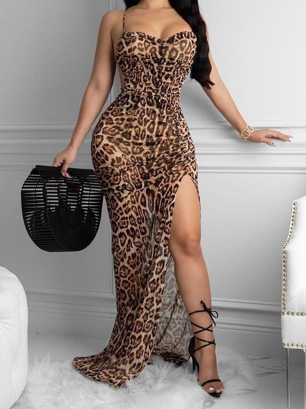 Leopard Print Slit Tie Wrap Dress - Maxi Dresses - INS | Online Fashion Free Shipping Clothing, Dresses, Tops, Shoes - 17/06/2021 - 30-40 - color-brown
