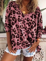 Leopard Print V-Neck Long Sleeve T-Shirt - T-Shirts - INS | Online Fashion Free Shipping Clothing, Dresses, Tops, Shoes - 09/07/2021 - 10-20 - Category_T-Shirts