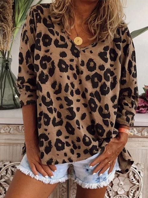 Leopard Print V-Neck Long Sleeve T-Shirt - T-Shirts - INS | Online Fashion Free Shipping Clothing, Dresses, Tops, Shoes - 09/07/2021 - 10-20 - Category_T-Shirts