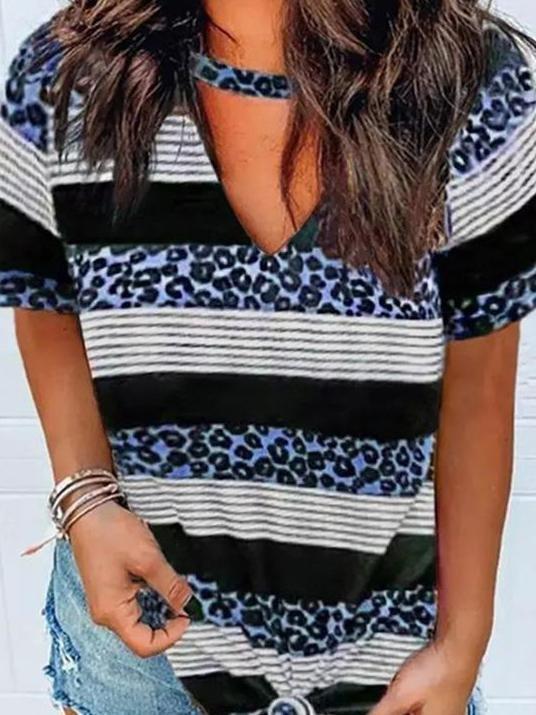 Leopard Print V-Neck Short Sleeve Casual T-Shirts - T-Shirts - INS | Online Fashion Free Shipping Clothing, Dresses, Tops, Shoes - 10-20 - 28/06/2021 - Category_T-Shirts